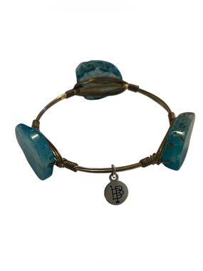 Bourbon and Bowties Bracelet Women’s Wire Bangle Blue Stone Gold Tone 2.5"